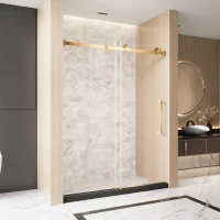 Frameless Shower Door with Anti-Shatter Safety Film and Bottom Water-Blocking Strip, Panel for Bathroom, 60" L x 0.5" W x 76" H, Brushed Gold(m-9)