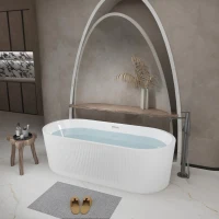 59" Freestanding Acrylic Soaking Tub with Adjustable Feet and Flexible Drain, Durable Panel for Bathroom, 59" L x 29.5" W x 23" H, Gloss White(m-10)