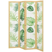 HOMCOM 4 Panel Folding Privacy Screen, 67" Room Divider with Palm Leaf Design for Living Room Bedroom, Natural and Green(m-2)