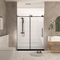 Frameless Sliding Shower Door with Explosion-Proof Film and Smooth Stainless Steel Rollers, Panel for Bathroom, 60" L x 0.5" W x 76" H, Matte Black(m-1)
