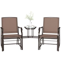 Outsunny Double Patio Glider Chair with Glass Top Center Table, Outdoor Glider Loveseat with High Back,  All Weather Breathable Mesh Fabric for Garden, Backyard, Deck, Brown(m-11)