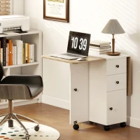 HOMCOM Drop Leaf Dining Table, Mobile Folding Table on Wheels with Drawers and Cabinet for Dining Room, Kitchen, White and Oak(m-9)