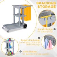 HOMCOM Janitorial Cart with 3 Shelves, Cleaning Cart on Wheels with Rubbish Bag and Mop Holders for Hotel, Housekeeping, Grey(m-4)