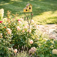 Outsunny 57" Outdoor Bird House with Pole, Metal Bird Houses for Outside, Double-Hole Birdhouse Outdoor Decoration, Yellow(m-10)