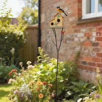 Outsunny 57" Outdoor Bird House with Pole, Metal Bird Houses for Outside, Double-Hole Birdhouse Outdoor Decoration, Yellow(m-1)