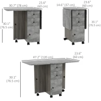 HOMCOM Drop Leaf Dining Table, Mobile Folding Table on Wheels with Drawers and Cabinet for Dining Room, Kitchen, Grey(m-3)