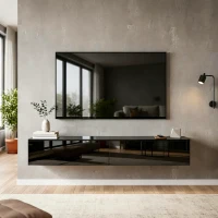 HOMCOM Floating TV Stand for TVs up to 75 Inch, 70.9" TV Cabinet, Entertainment Center with 2 Flip Doors, High Gloss Black(m-9)