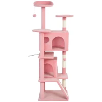 PawHut 63" Cat Tree, Multi-Level Cat Tower with Scratching Posts, Cat Condos, Bed, Platforms, Ramp, Toy Ball, Pink(m-2)