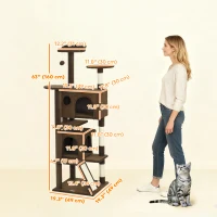 PawHut 63" Cat Tree, Multi-Level Cat Tower with Scratching Posts, Cat Condos, Bed, Platforms, Ramp, Toy Ball, Light Brown(m-3)