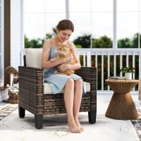 Outsunny Single Outdoor Wicker Chair, Rattan Patio Chair with Armrests and Cushions for Balcony, Porch, Deck, Cream White(m-7)