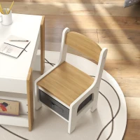 Qaba 3 Piece Kids Table and Chair Set with Reversible Tabletop, Blackboard, Storage, Bookshelf, for Playroom, Nursery Natural(m-10)