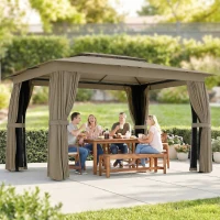 Outsunny 10' x 12' Outdoor Patio Gazebo, Soft Top Gazebo Canopy Shelter with Curtains, Netting, Steel Frame, Hooks, Khaki(m-10)