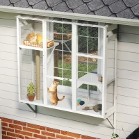 PawHut Wooden Catio Outdoor, Cat Window Box Enclosure for 2-3 Large Cats with 2 Jumping Platforms & Scratching Post, White(m-9)