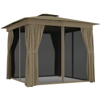 Outsunny 10' x 10' Outdoor Patio Gazebo, Soft Top Gazebo Canopy Shelter with Curtains, Netting, Steel Frame, Hook, Khaki(m-11)