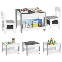 Qaba 3 Piece Kids Table and Chair Set with Reversible Tabletop, Blackboard, Storage, Bookshelf, for Playroom, Nursery, Grey(m-11)