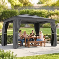 Outsunny 10' x 12' Outdoor Patio Gazebo, Soft Top Gazebo Canopy Shelter with Curtains, Netting, Steel Frame, Hooks, Dark Gray(m-10)