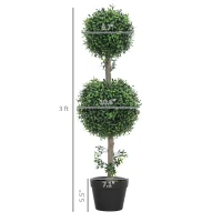 HOMCOM Set of 2 Artificial Ball Boxwood Topiary Trees, Fake Plants in Pot for Indoor Outdoor Living Room Green(m-3)