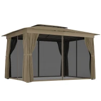 Outsunny 10' x 12' Outdoor Patio Gazebo, Soft Top Gazebo Canopy Shelter with Curtains, Netting, Steel Frame, Hooks, Khaki(m-11)