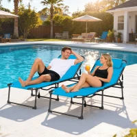 Outsunny 2 Piece Folding Chaise Lounge Pool Chairs with 5-level Reclining Back, Reading Hole, Side Pocket, Blue(m-10)