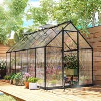 Outsunny Polycarbonate Greenhouse with Swing Door and Two Adjustable Roof Vents, Aluminum Walk-in Greenhouse, 11x6 ft, Black(m-10)