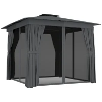 Outsunny 10' x 10' Outdoor Patio Gazebo, Soft Top Gazebo Canopy Shelter with Curtains, Netting, Steel Frame, Hook, Dark Gray(m-11)