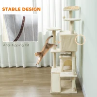 PawHut 63" Cat Tree, Multi-Level Cat Tower with Scratching Posts, Cat Condos, Bed, Platforms, Ramp, Toy Ball, Cream White(m-7)