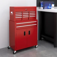 HOMCOM 6-Drawer Rolling Tool Chest, 2 in 1 Lockable Storage Cabinet with Hooks, Metal Tool Box for Garage, Workshop, Red(m-1)