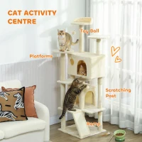 PawHut 63" Cat Tree, Multi-Level Cat Tower with Scratching Posts, Cat Condos, Bed, Platforms, Ramp, Toy Ball, Cream White(m-4)
