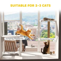 PawHut Wooden Catio Outdoor, Cat Window Box Enclosure for 2-3 Large Cats with 2 Jumping Platforms & Scratching Post, White(m-5)