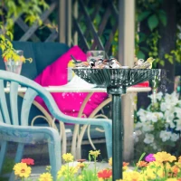 Outsunny 32" Bird Bath with Decorative Birds, Vintage Birdbath with Flower Planter Base for Garden, Bronze Green(m-8)