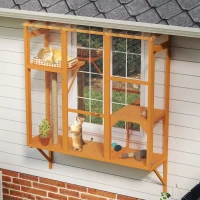 PawHut Wooden Catio Outdoor, Cat Window Box Enclosure for 2-3 Large Cats with 2 Jumping Platforms & Scratching Post, Orange(m-9)