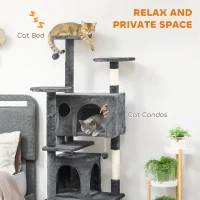 PawHut 63" Cat Tree, Multi-Level Cat Tower with Scratching Posts, Cat Condos, Bed, Platforms, Ramp, Toy Ball, Dark Grey(m-5)
