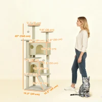 PawHut 63" Cat Tree, Multi-Level Cat Tower with Scratching Posts, Cat Condos, Bed, Platforms, Ramp, Toy Ball, Cream White(m-3)
