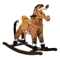 Qaba Kids Wooden Plush Ride-On Rocking Horse Chair Toy with Realistic Sounds Dark Brown/White(m-1)