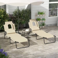 Outsunny 2PCS Adjustable Outdoor Lounge Chair, Garden Folding Chaise Lounge with Face Hole Reclining Tanning Chair Seat, Folding Camping Beach Lounging Bed w/ Head Support, Beige(m-1)