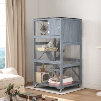 PawHut 66"H Catio Outdoor Cat Enclosure on Wheels with Hammock Multiple Platforms Resting Condo Ramps for 1-3 Cats, Grey(m-8)