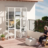 PawHut Wooden Catio Outdoor Cat Enclosure with 6 Jumping Platforms, Scratching Post, 2 Ramps, Waterproof Roof, White(m-8)