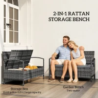 Outsunny 33 Gallon Outdoor Storage Bench, Wicker Deck Box Patio Bench Seat with Cushion, Grey(m-4)