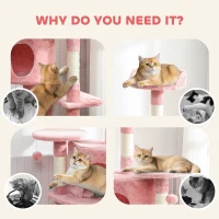 PawHut 62" Cat Tree with Scratching Post, 2 Condos, Hammock, Perches, Plush, Pompoms, for Indoor Cats, Pink(m-10)