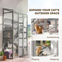 PawHut Wooden Catio Outdoor Cat Enclosure with 6 Jumping Platforms, Scratching Post, 2 Ramps, Waterproof Roof, Grey(m-4)