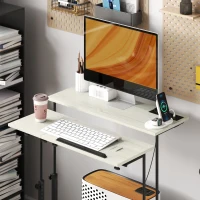 HOMCOM Adjustable Standing Desk with Power Outlets, Stand Up Desk with Tiltable Tabletop, Wheels, Shelf, for Home Office, Oak(m-9)