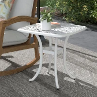 Outsunny 21" Square Outdoor End Table, Cast Aluminum Patio Side Table with Umbrella Hole for Garden, Balcony, Poolside, White(m-1)