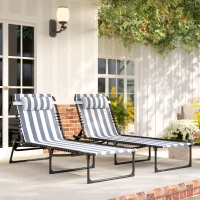 Outsunny 2 Folding Chaise Lounge Pool Chairs with 4-Position Reclining Back, Pillow, Breathable Mesh & Bungee Seat, Blue White(m-9)