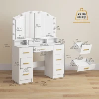 HOMCOM Makeup Vanity with Mirror and 10 LED Lights, 3 Colour Adjustable, Dressing Table with 7 Drawers, 3 Compartments, White(m-3)