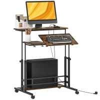 HOMCOM Adjustable Standing Desk with Power Outlets, Stand Up Desk with Tiltable Tabletop, Wheels, Shelf, for Home Office, Brown(m-11)