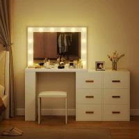 HOMCOM Vanity Desk with Mirror and 12 LED Lights, Makeup Table w/ Power Outlet, 3 Light Colour, 6 Drawers and 2 Shelves, White(m-10)
