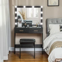 HOMCOM Makeup Vanity Desk Set with Stool, Dressing Table with LED Lighting Mirror, Drawers, for Bedroom, Black(m-10)