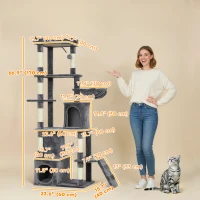 PawHut 67" Large Cat Tree with 7 Scratching Posts, Tunnel, 2 Condos, Hammock, Perch, Ramp, Pompoms, Dark Grey(m-3)