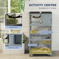 PawHut 66"H Catio Outdoor Cat Enclosure on Wheels with Hammock Multiple Platforms Resting Condo Ramps for 1-3 Cats, Grey(m-4)