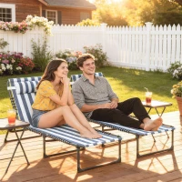 Outsunny 2 Folding Chaise Lounge Pool Chairs with 4-Position Reclining Back, Pillow, Breathable Mesh & Bungee Seat, Blue White(m-8)